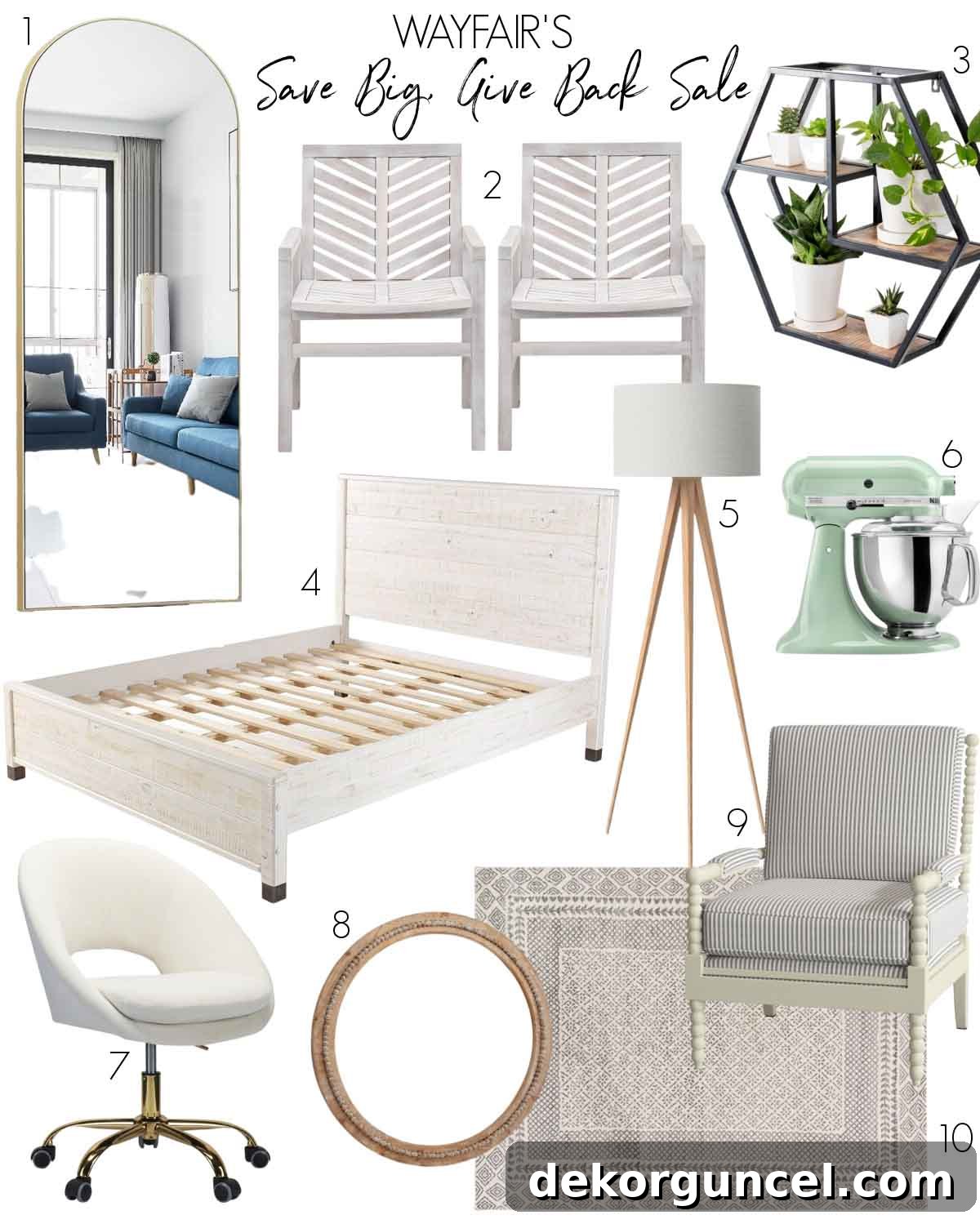 A collage of favorite home decor and furnishing picks from Wayfair's 'Save Big, Give Back' sale, featuring stylish and functional items for every room.