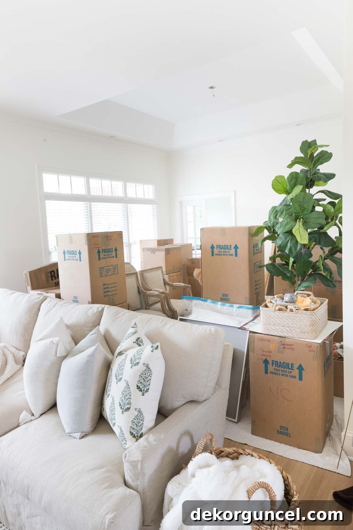 Moving boxes temporarily fill our dining room, awaiting its stylish transformation.
