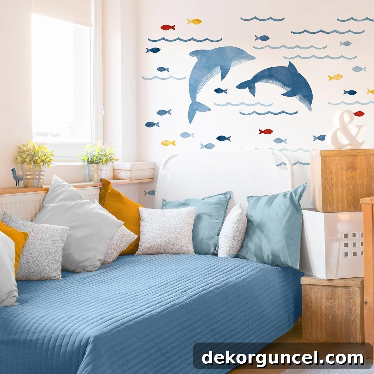 Charming dolphin wall decals as imaginative above bed decor for a child's room.