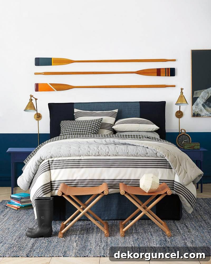 Trio of colorful decorative oars elegantly displayed as unique above bed decor in a coastal-themed bedroom.