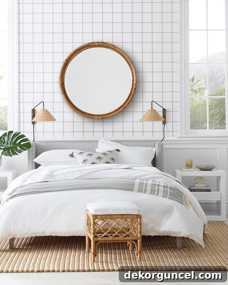 Large round rattan mirror beautifully complementing above bed decor, adding texture and a natural touch.