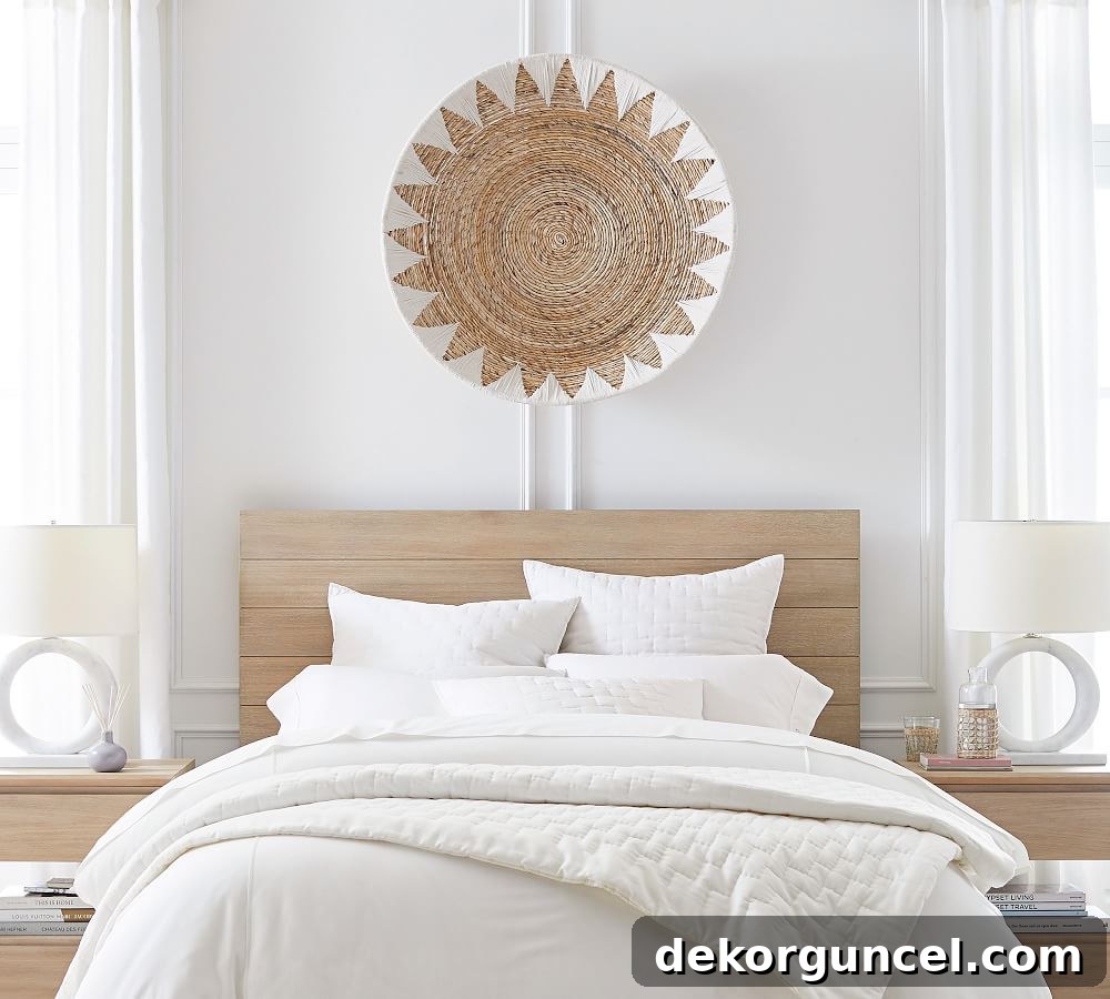 Large woven wall basket serving as a stunning, textural above bed decor element, adding warmth to the space.