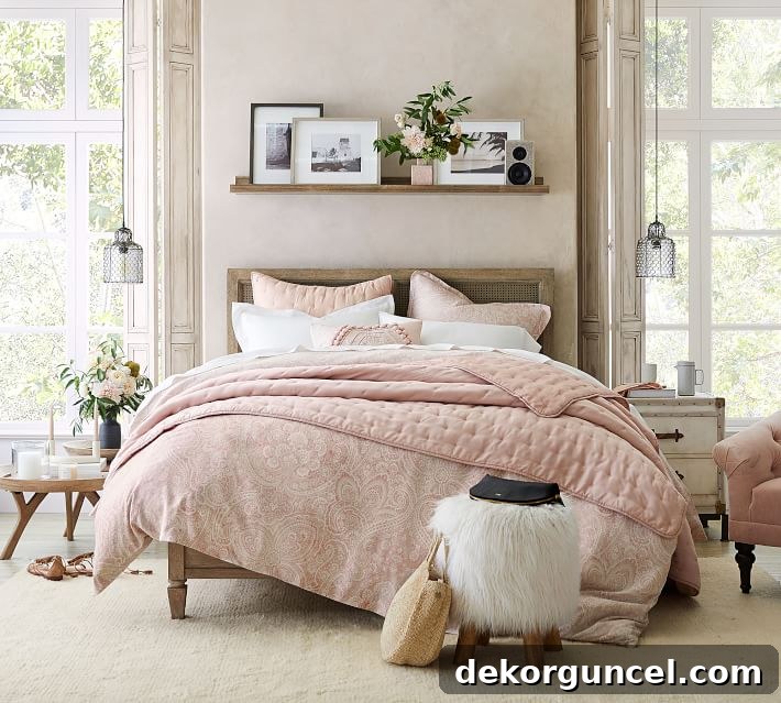Stylish ledge shelf above the bed, decorated with framed art and plants, offering versatile bedroom decor.