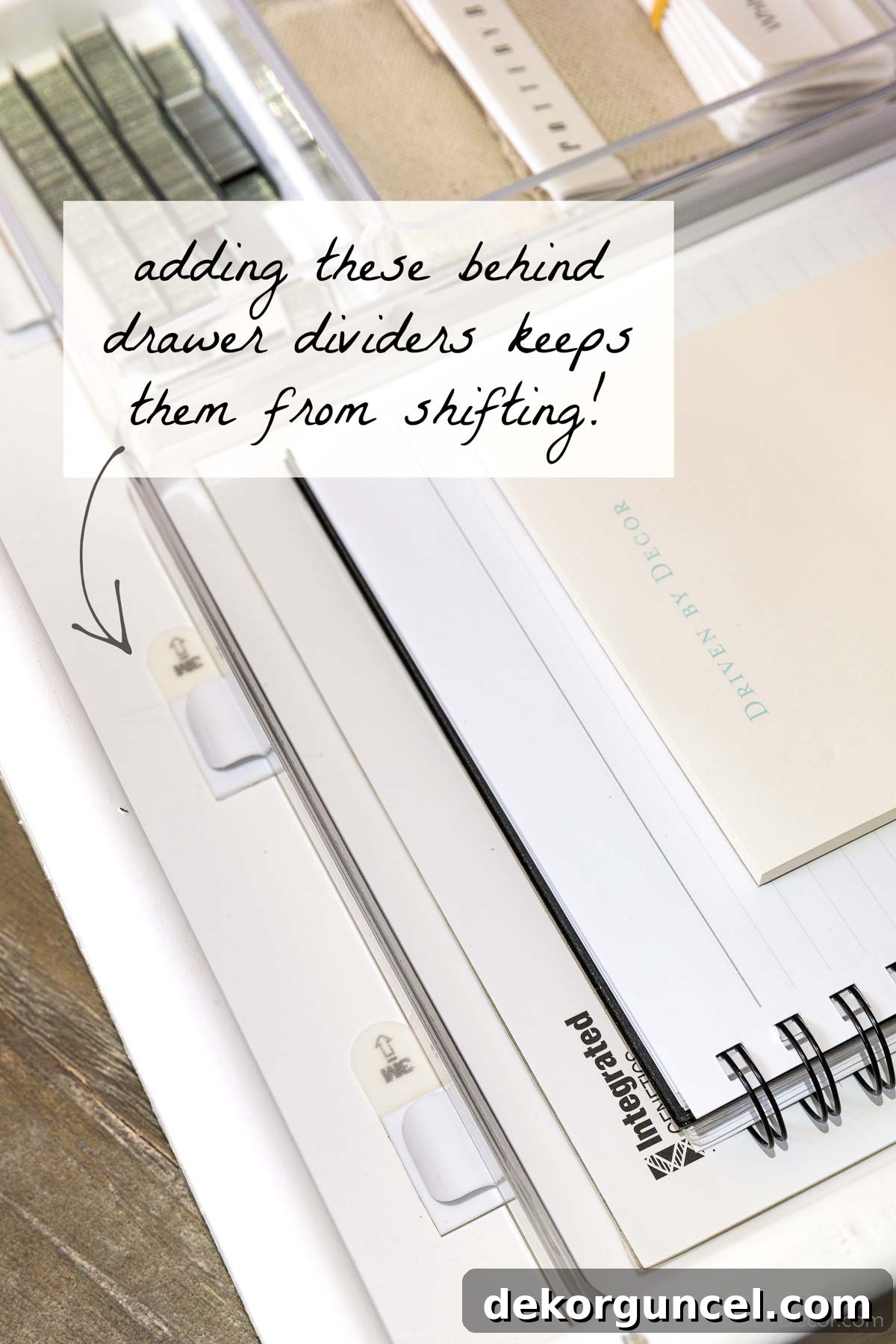 When using plastic kitchen drawer organizers, these clips keep them from shifting!