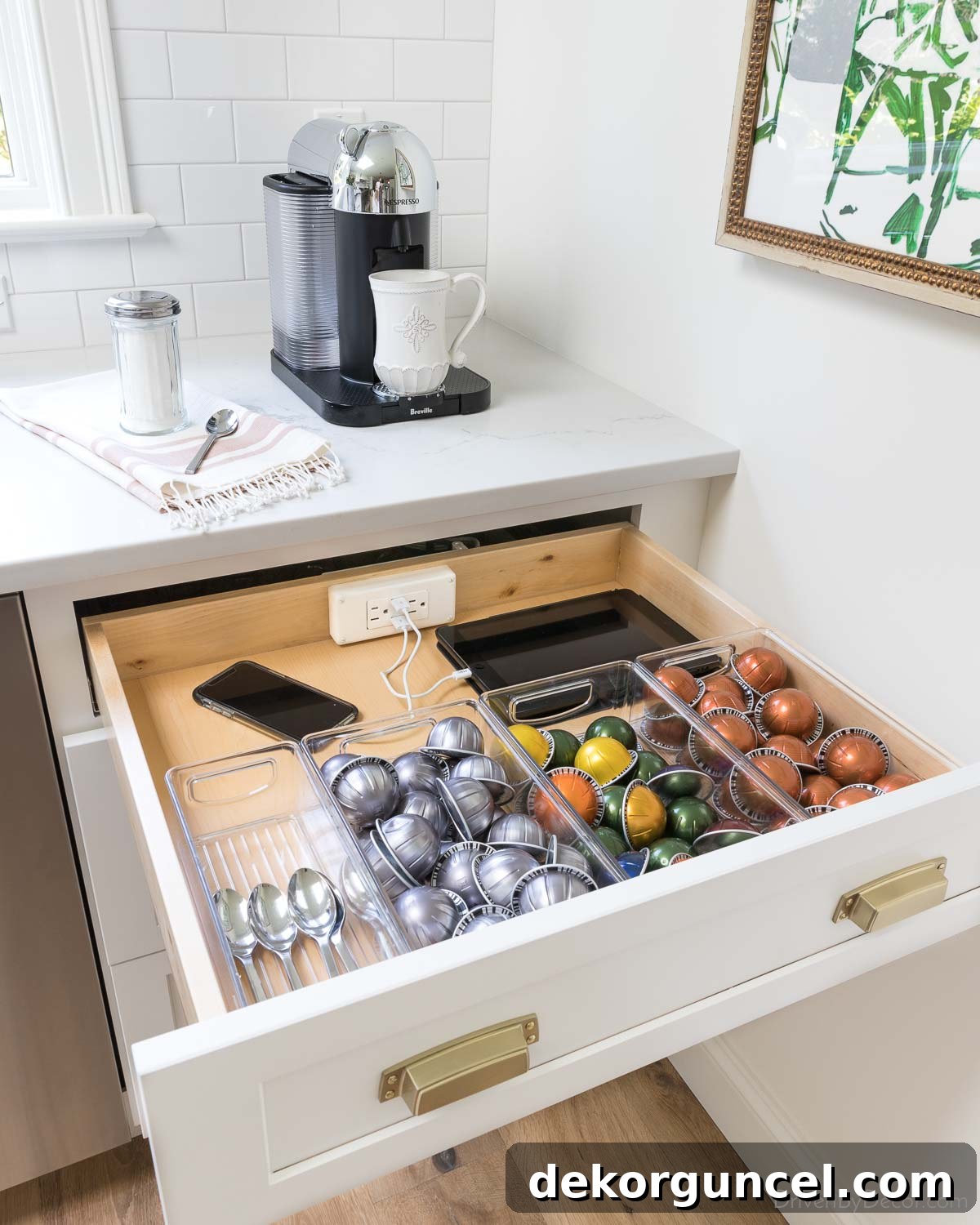 Having an outlet in the back of a kitchen drawer is awesome for charging electronics without countertop clutter!