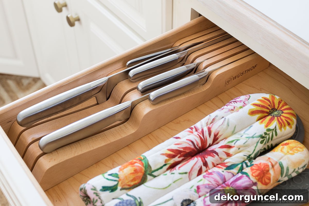 This kitchen drawer knife block keeps them organized and minimizes countertop clutter!
