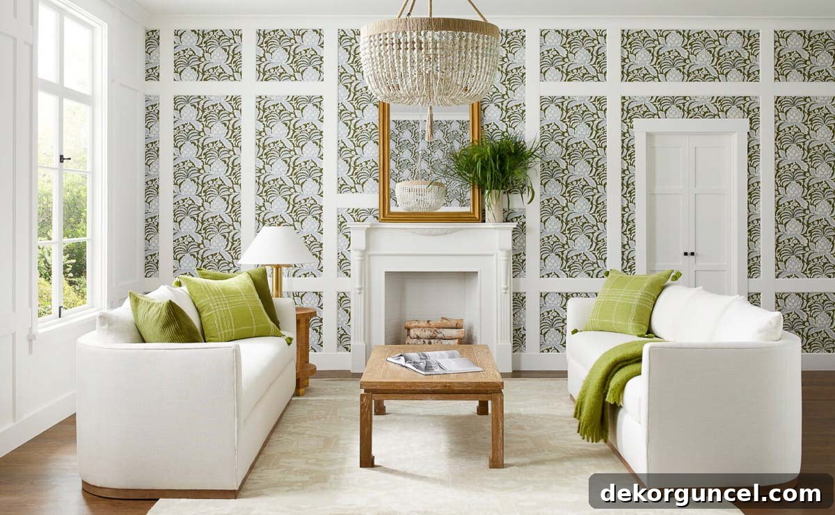 10 Creative Wallpaper Ideas for a Stunning Home Makeover 2 Stunning wallpaper idea: Add wallpaper inside molding boxes on an accent wall for a designer look.