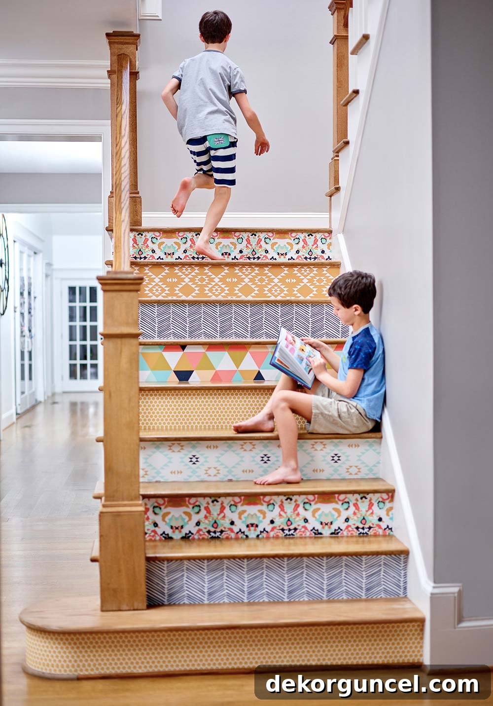 Wallpaper your stair risers for a fun pop of unexpected color and pattern, creating a striking focal point.