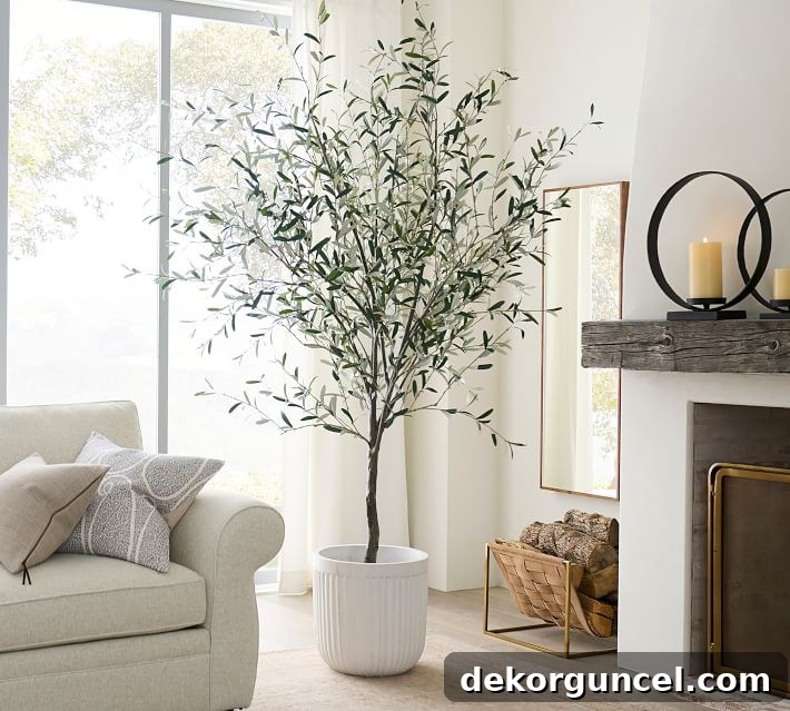A stunning faux olive tree in a decorative planter, an ideal addition to a dining room for adding life and organic beauty as wall decor.