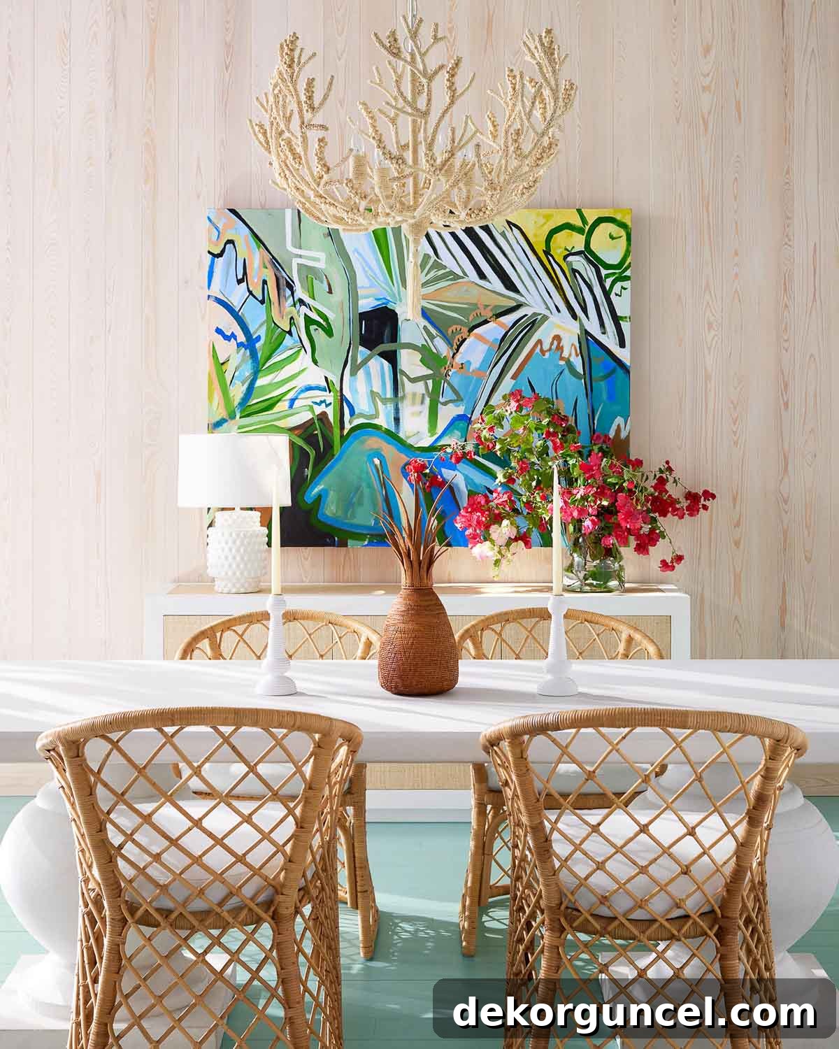 A vibrant, large-scale colorful art piece commanding attention as dining room wall decor, creating a striking focal point.
