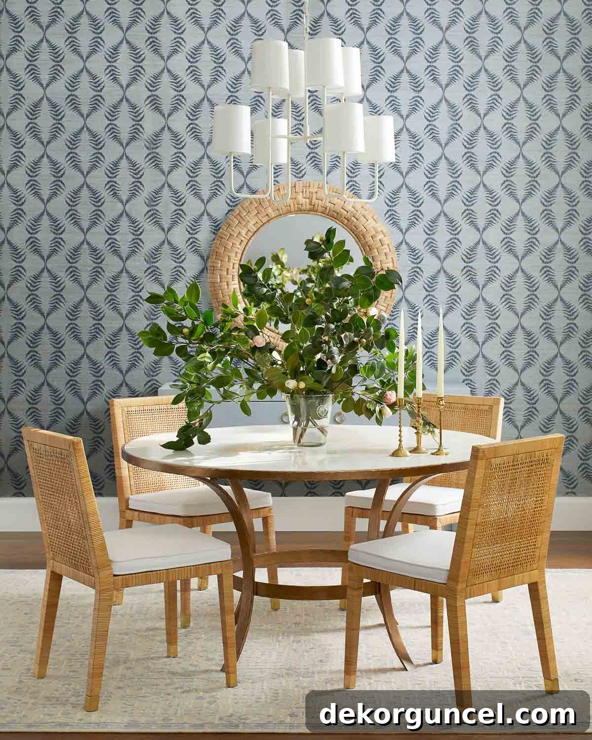 A dining room showcasing an exquisite wallpaper accent wall, beautifully crafted with stunning grasscloth wallpaper.