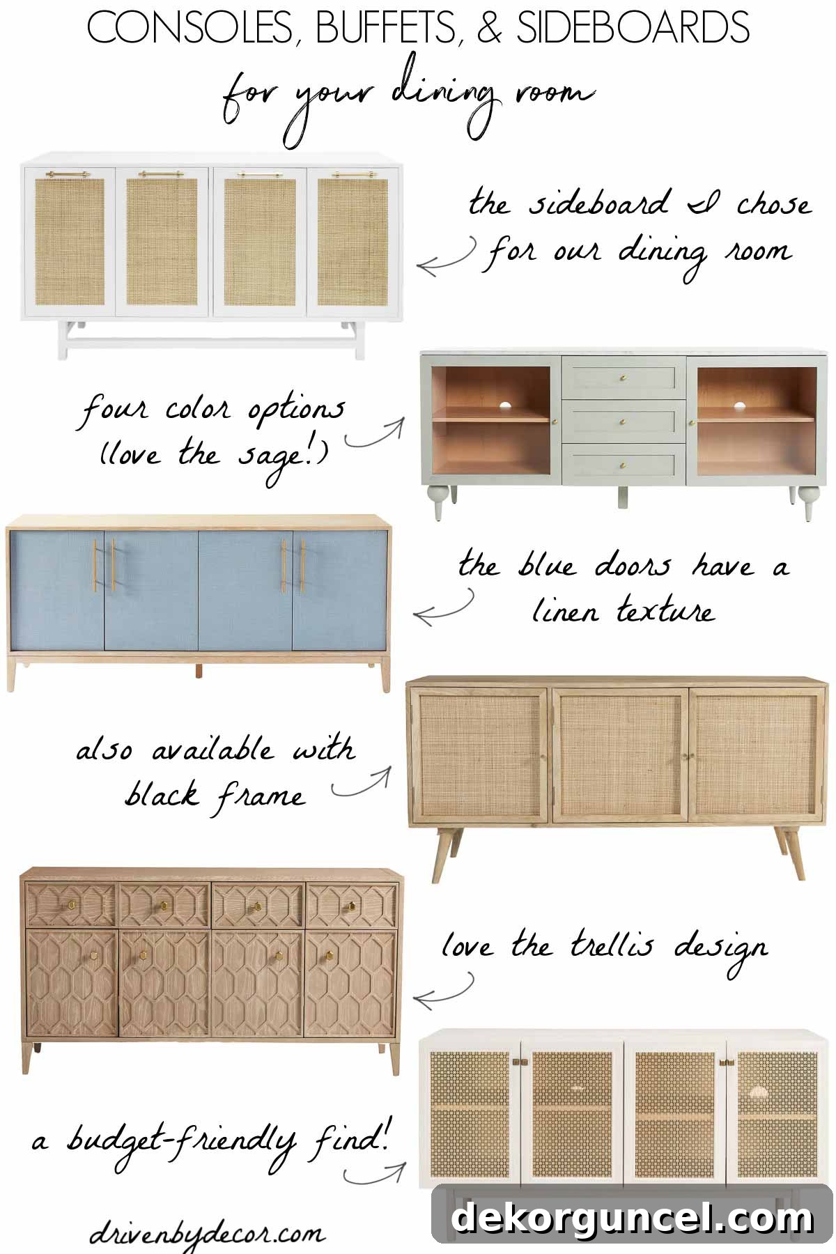 A curated selection of stylish dining room sideboards, consoles, and buffets, showcasing various designs perfect for enhancing wall decor.