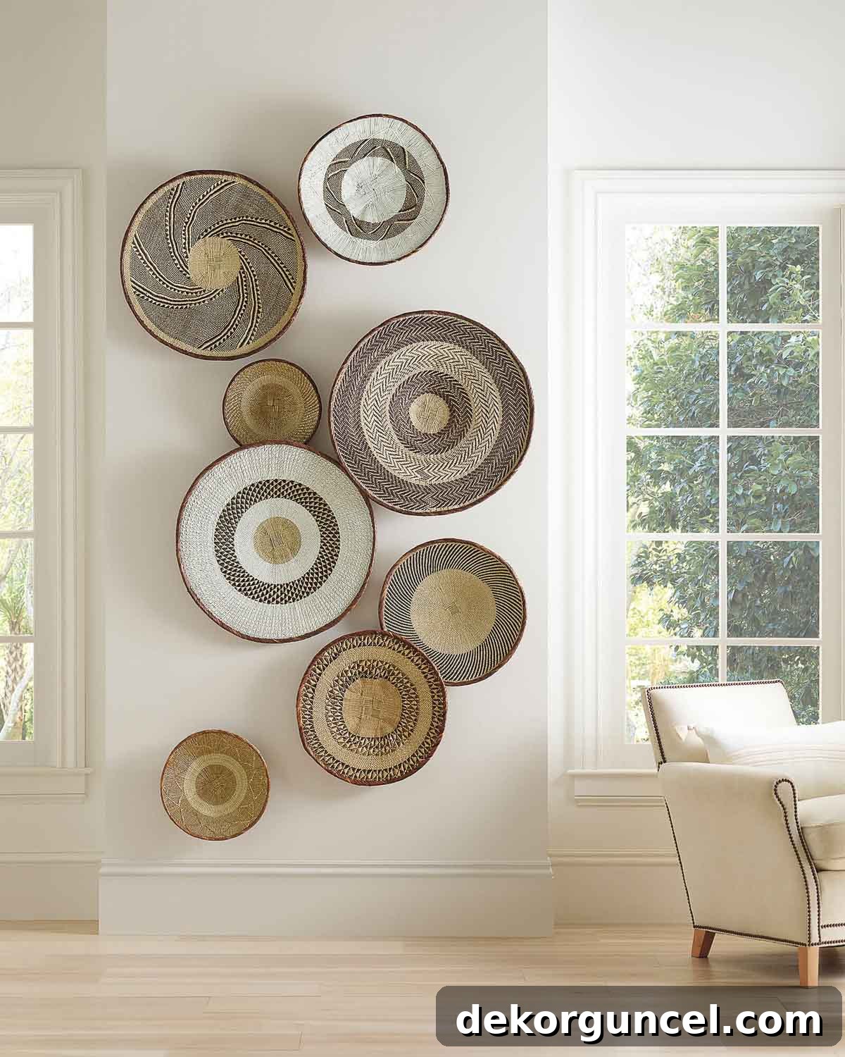 A stylish arrangement of woven wall baskets adds texture and warmth as dining room wall decor, creating a natural focal point.