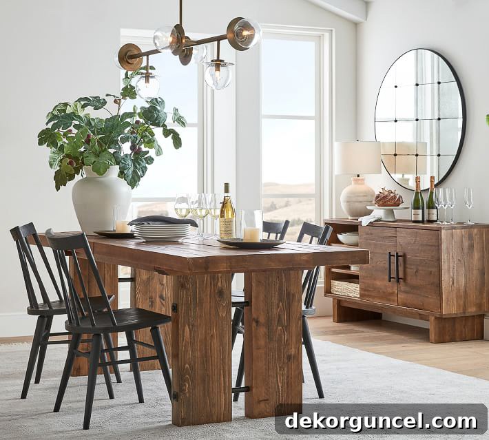 A large round antique glass mirror elegantly placed above a console table, acting as a gorgeous decor piece and reflecting light in a dining room.