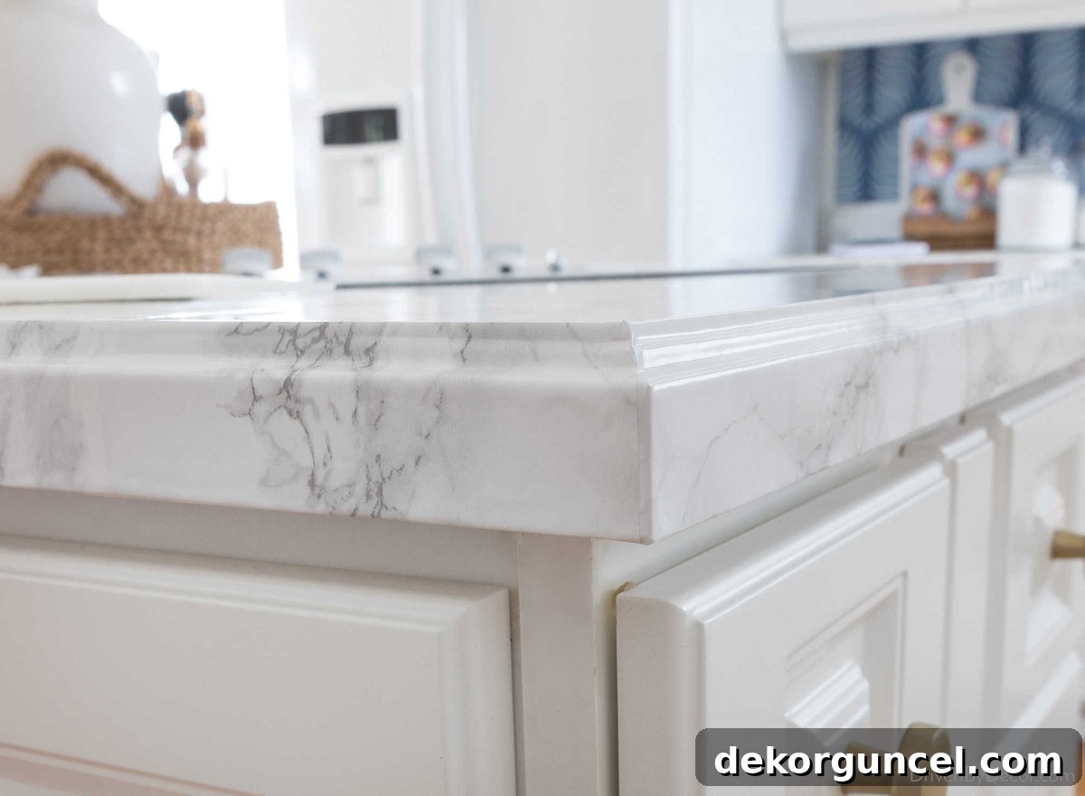 Beautifully finished corner of marble contact paper countertops!