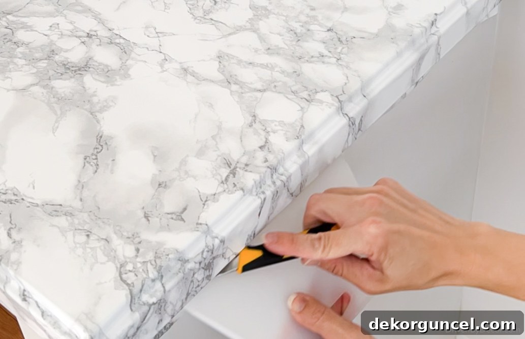 Trimming extra contact paper from under the countertop edge for a clean finish