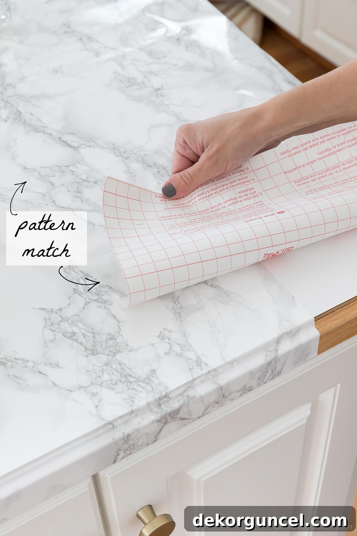 Pattern matching for seamless marble contact paper countertop installation
