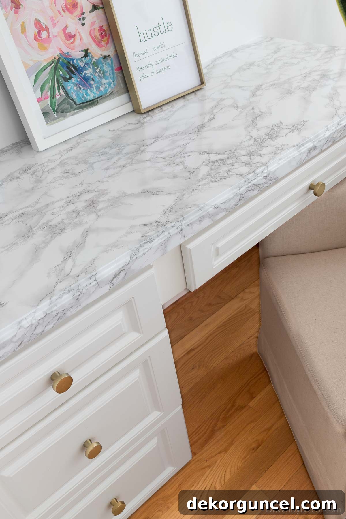 Newly installed marble contact paper countertops in our kitchen desk area