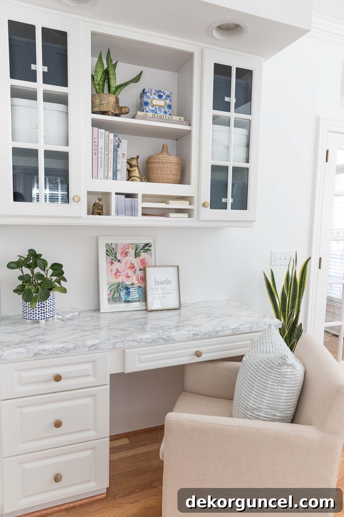 Kitchen desk area elegantly updated with marble contact paper countertops