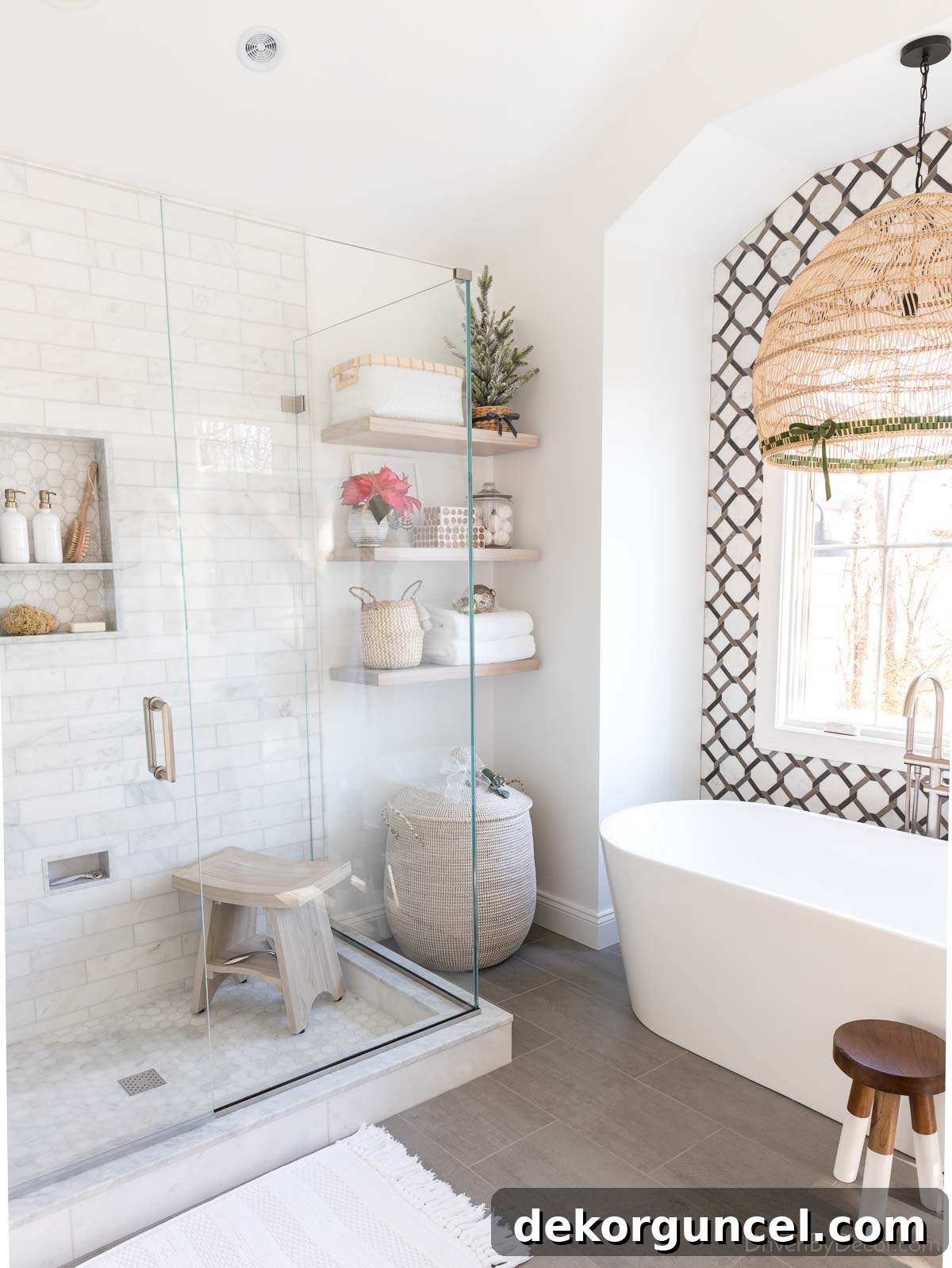 Simple Christmas decorations in a bathroom, including ribbon on a pendant light