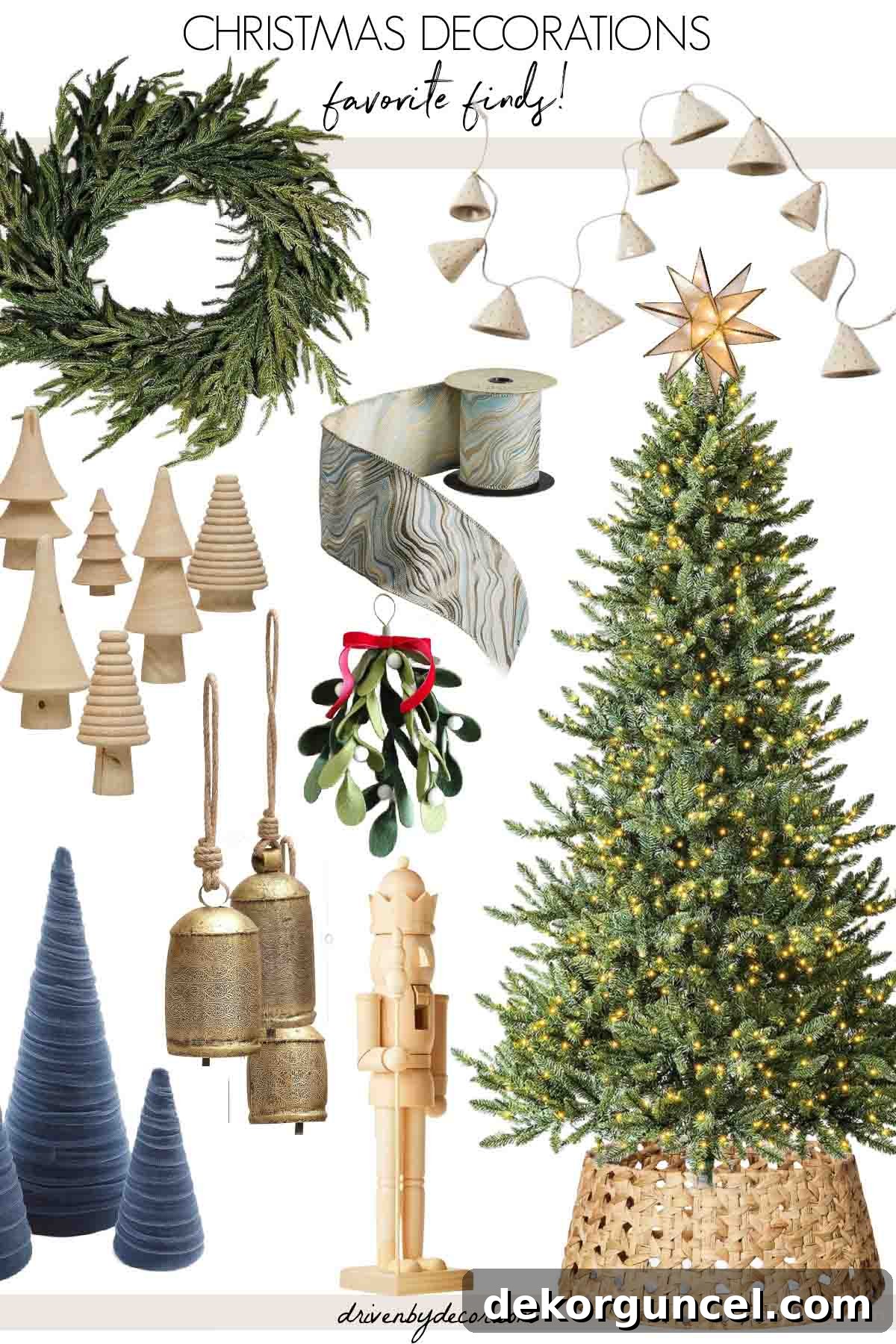 A curated collection of simple and stylish Christmas decorations, including wreaths, ribbons, and trees
