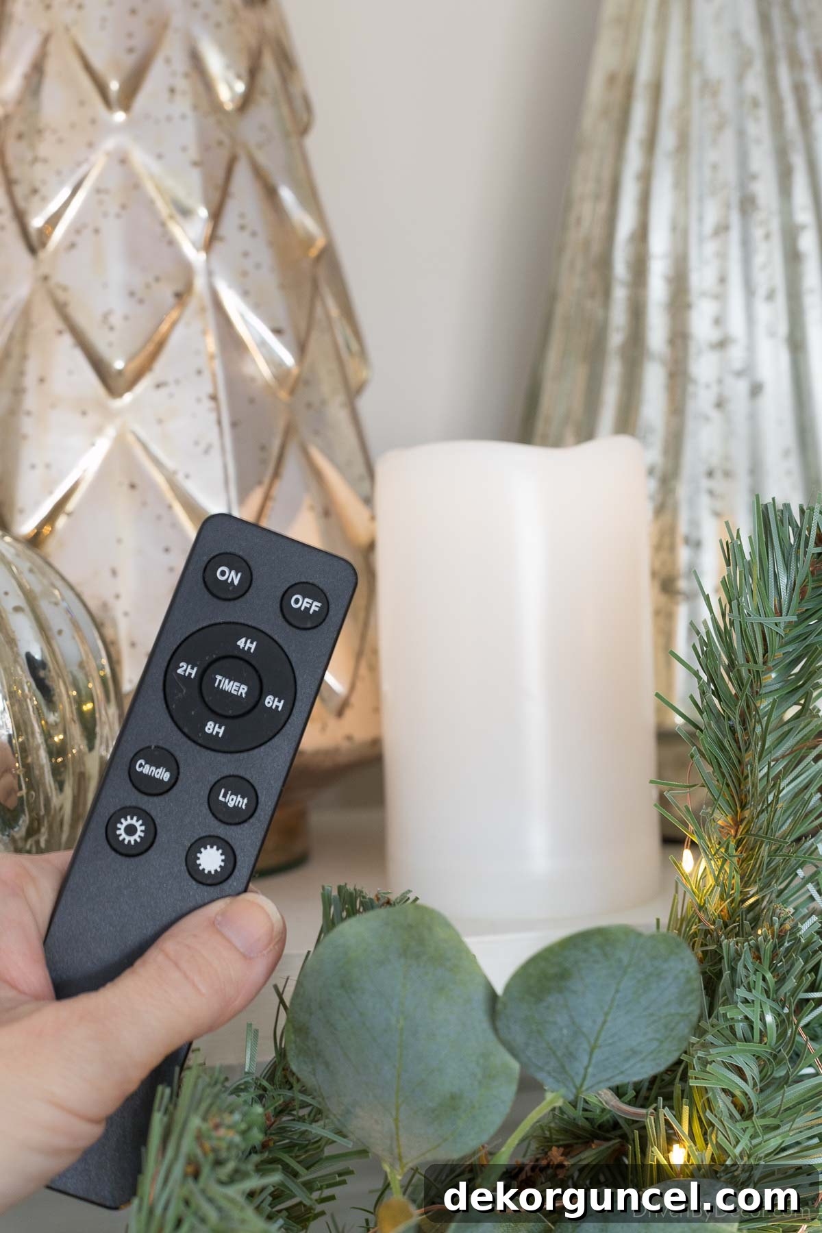 Battery-operated flameless candles with a remote control creating a cozy glow