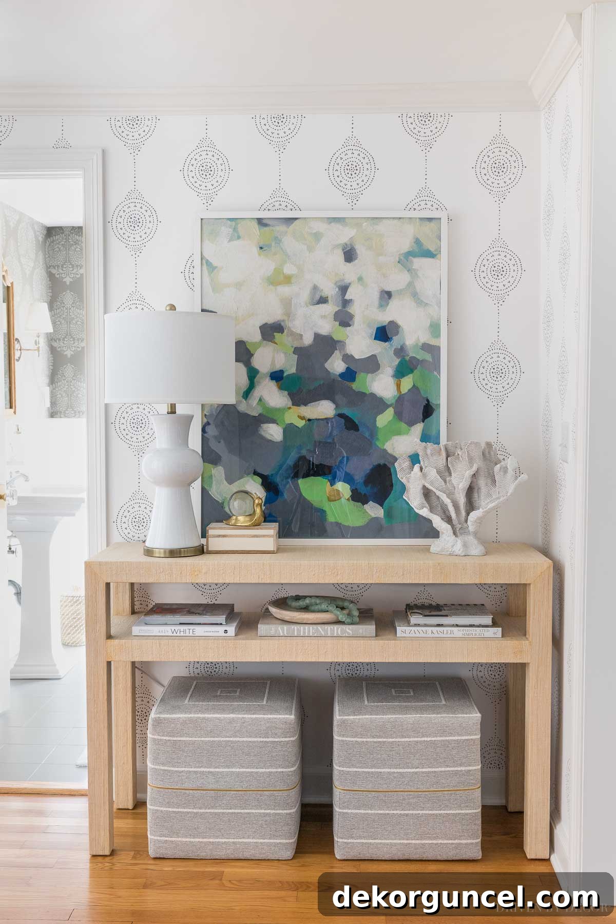 So happy with how my entryway came together with wallpaper, console table, and accessories