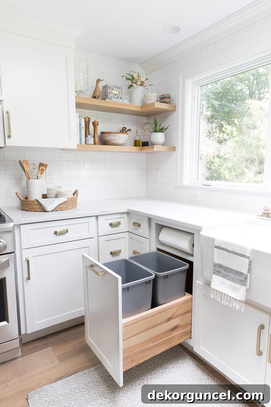 The 8 Hottest Home Decor Trends Defining 2022 12 A brilliant pull-out kitchen trash can cabinet featuring two bins and an integrated paper towel holder – a must-have for modern kitchens!