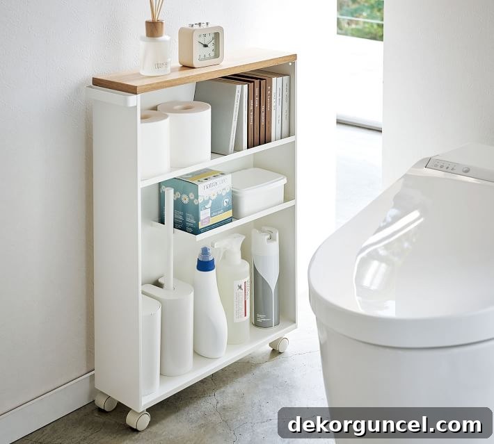 Smart Storage Hacks for Tiny Bathrooms 13 Rolling cart with open storage for small bathroom spaces