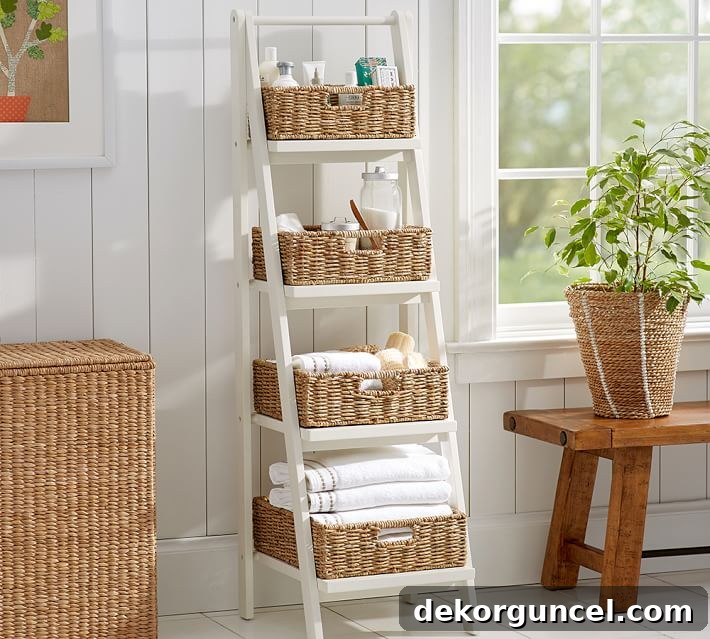 Smart Storage Hacks for Tiny Bathrooms 18 This storage ladder is a great stylish option for storage in a small bathroom