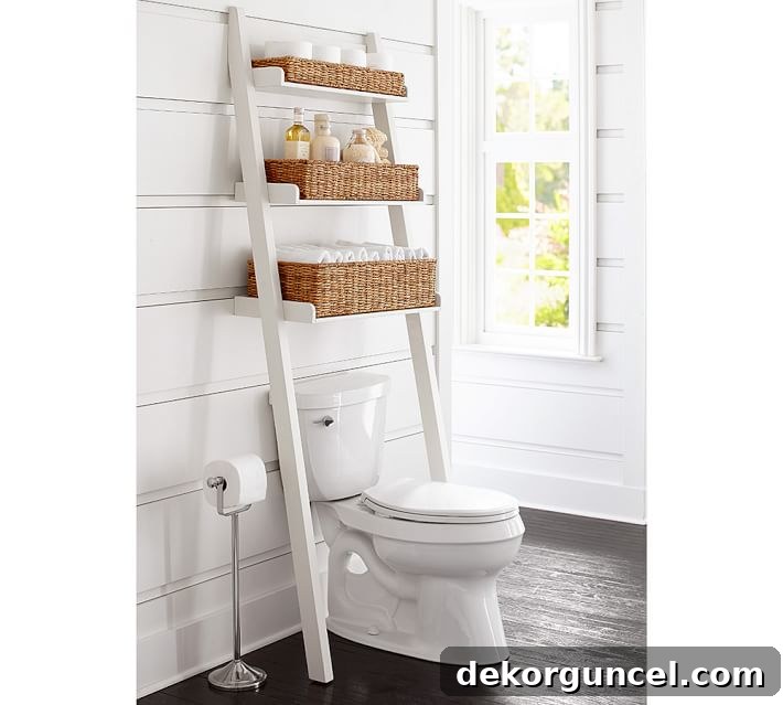 Smart Storage Hacks for Tiny Bathrooms 19 Smart storage for over a bathroom toilet - love this ladder with basket set!