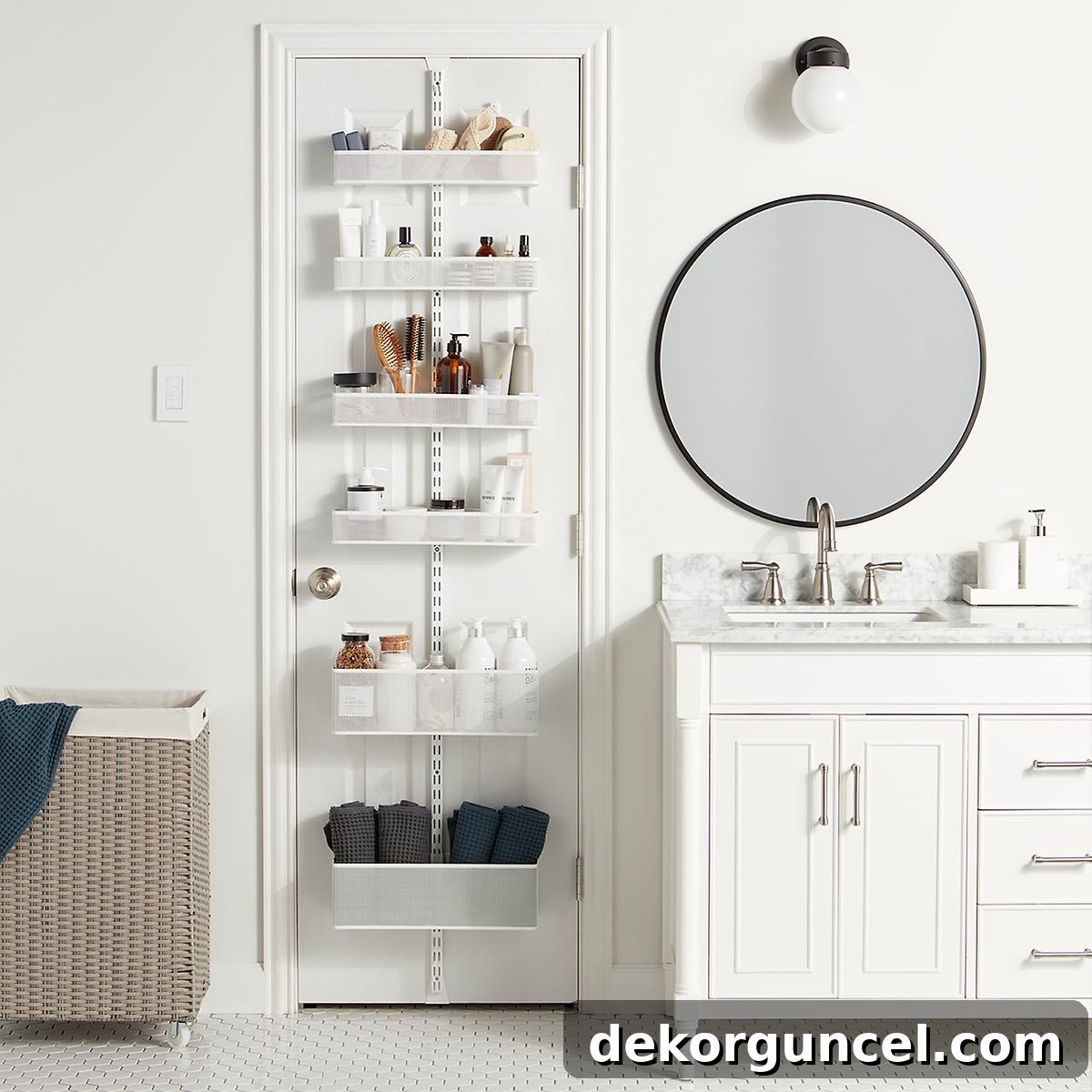 Smart Storage Hacks for Tiny Bathrooms 3 This behind the door rack adds tons of bathroom storage!