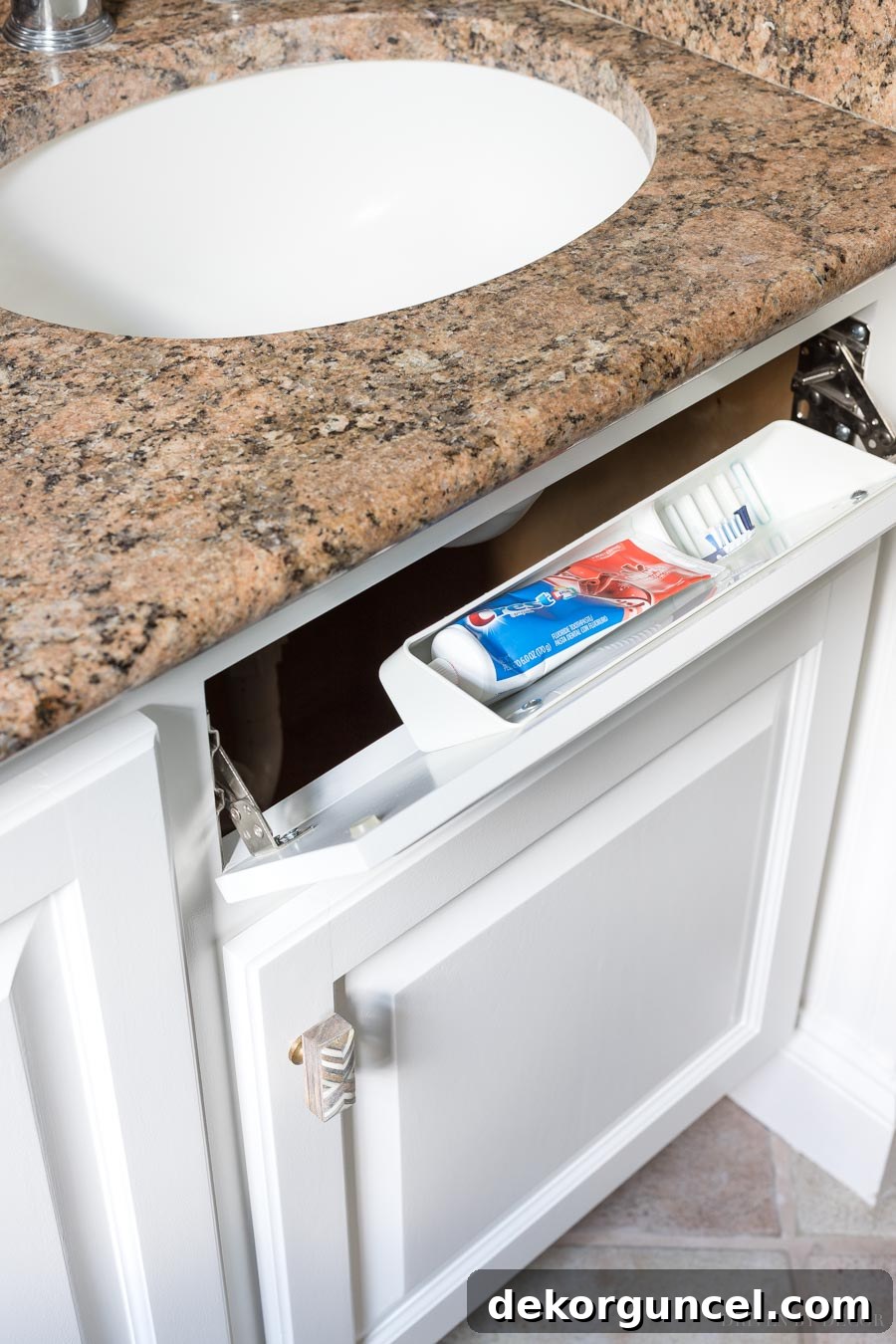 Smart Storage Hacks for Tiny Bathrooms 21 Love this little caddy for a toothbrush and toothpaste in this bathroom vanity!