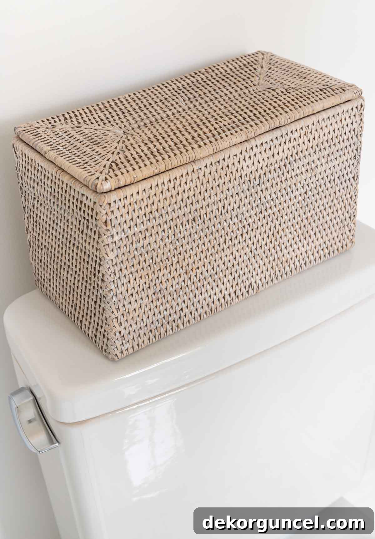 Smart Storage Hacks for Tiny Bathrooms 29 Woven storage box as toilet tank decor idea