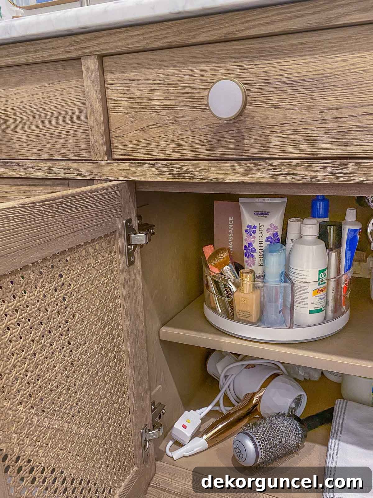 Smart Storage Hacks for Tiny Bathrooms 32 This divided turntable is perfect for storing bathroom toiletries under your bathroom cabinet