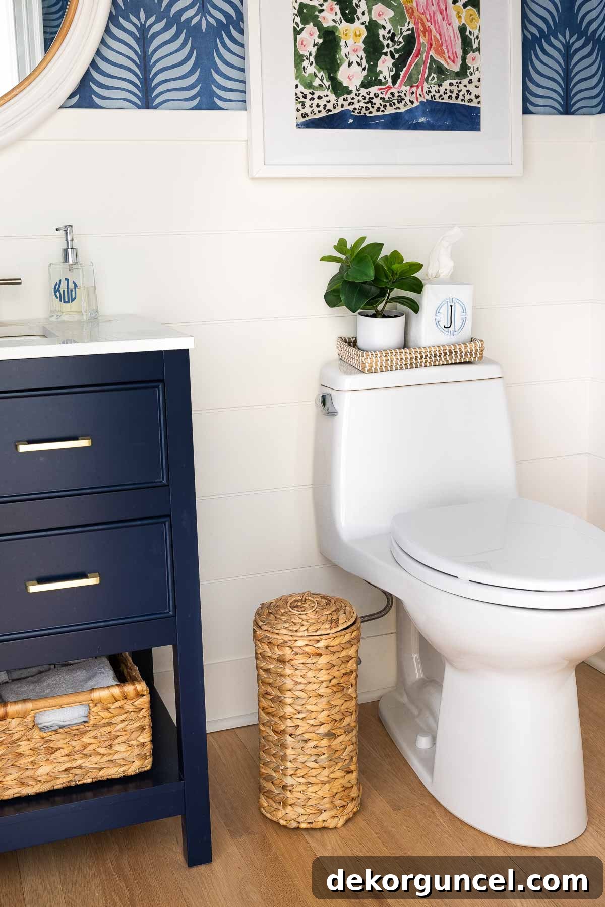 Smart Storage Hacks for Tiny Bathrooms 5 Woven toilet paper holder next to toilet in bathroom