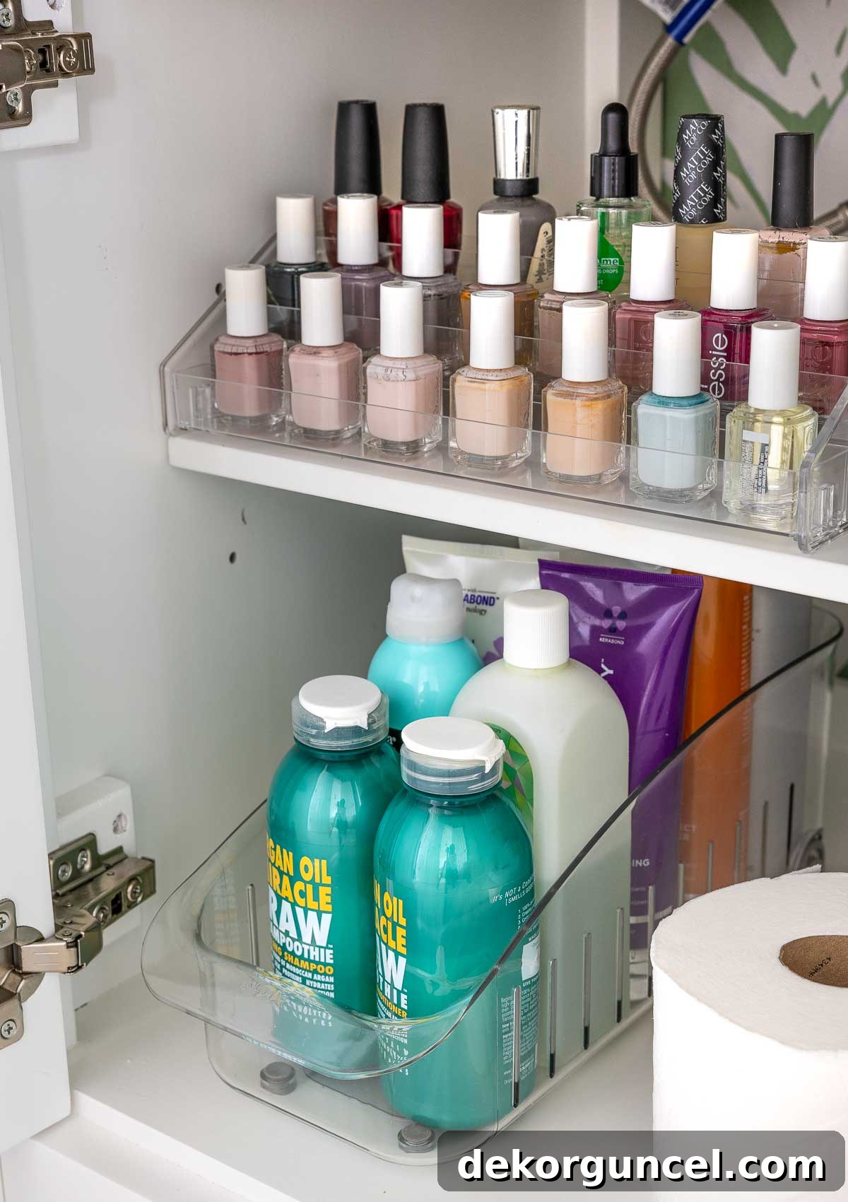 Smart Storage Hacks for Tiny Bathrooms 7 Nail polish organizer in bathroom cabinet