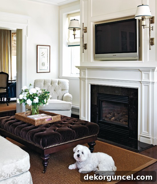 Loving how this tv over the fireplace is in a recessed niche and flanked by sconces for an elegant look.