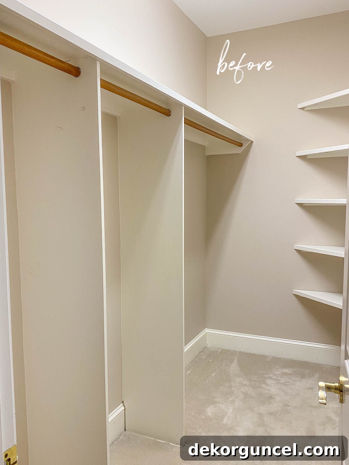 Our primary closet before the installation of the Elfa closet system, showcasing its disorganized and underutilized state.