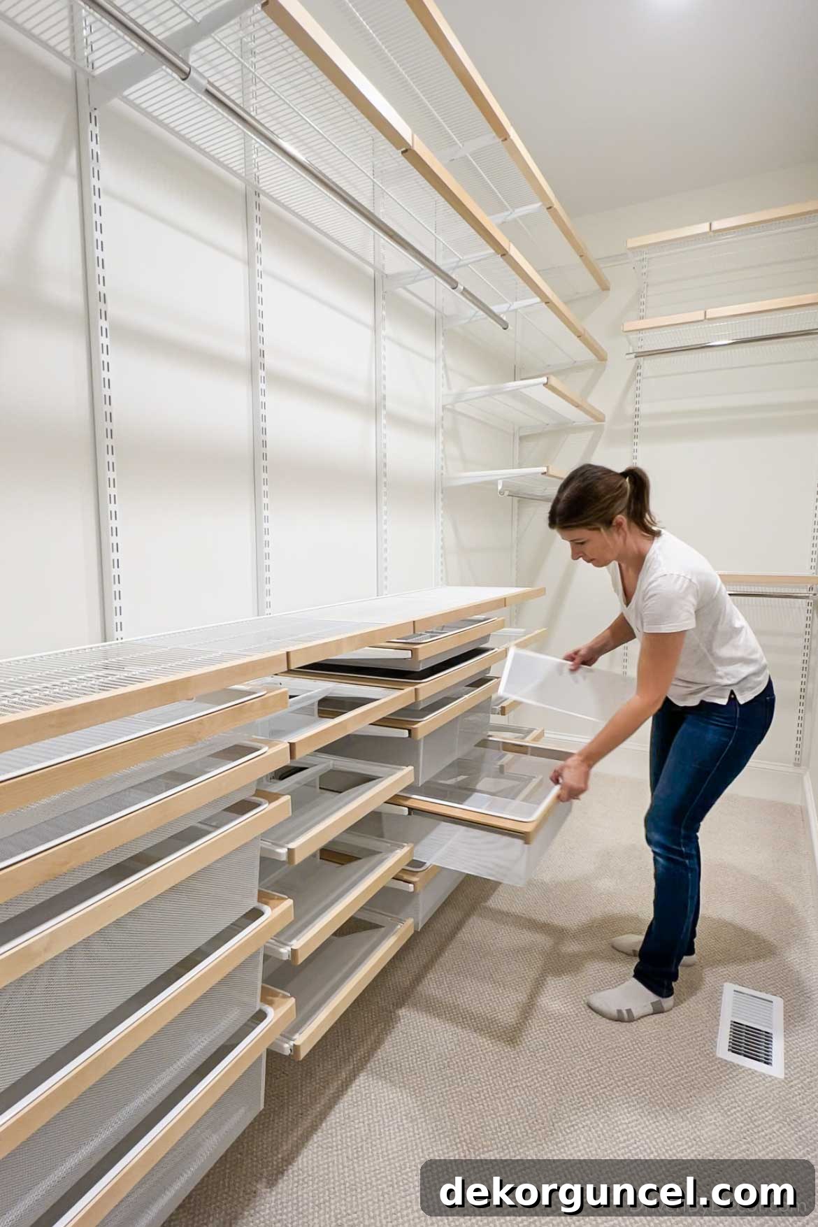 Adding thoughtful drawer dividers to our Elfa closet system, ensuring meticulous organization of small items.