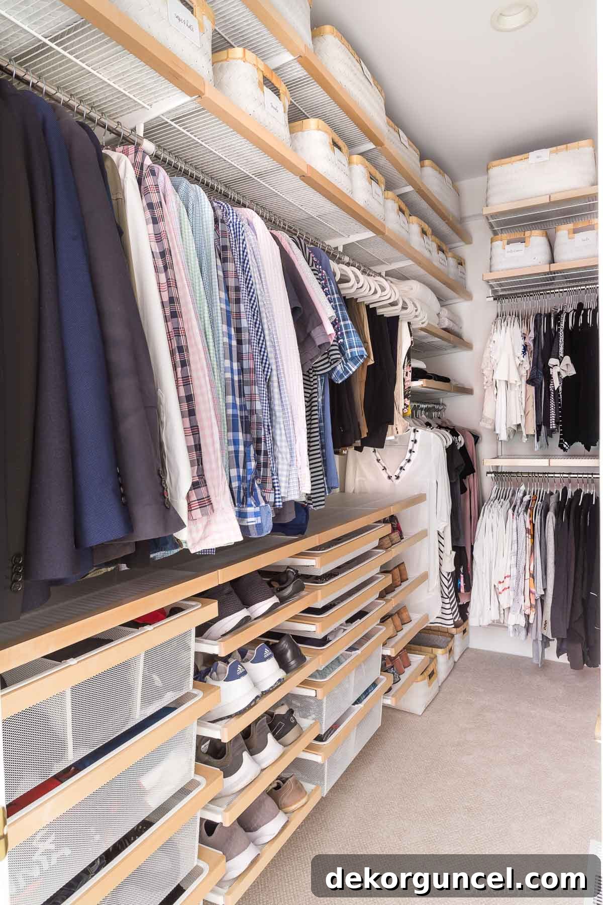 A detailed view of the installed Elfa closet system in our primary bedroom closet, highlighting its various components.