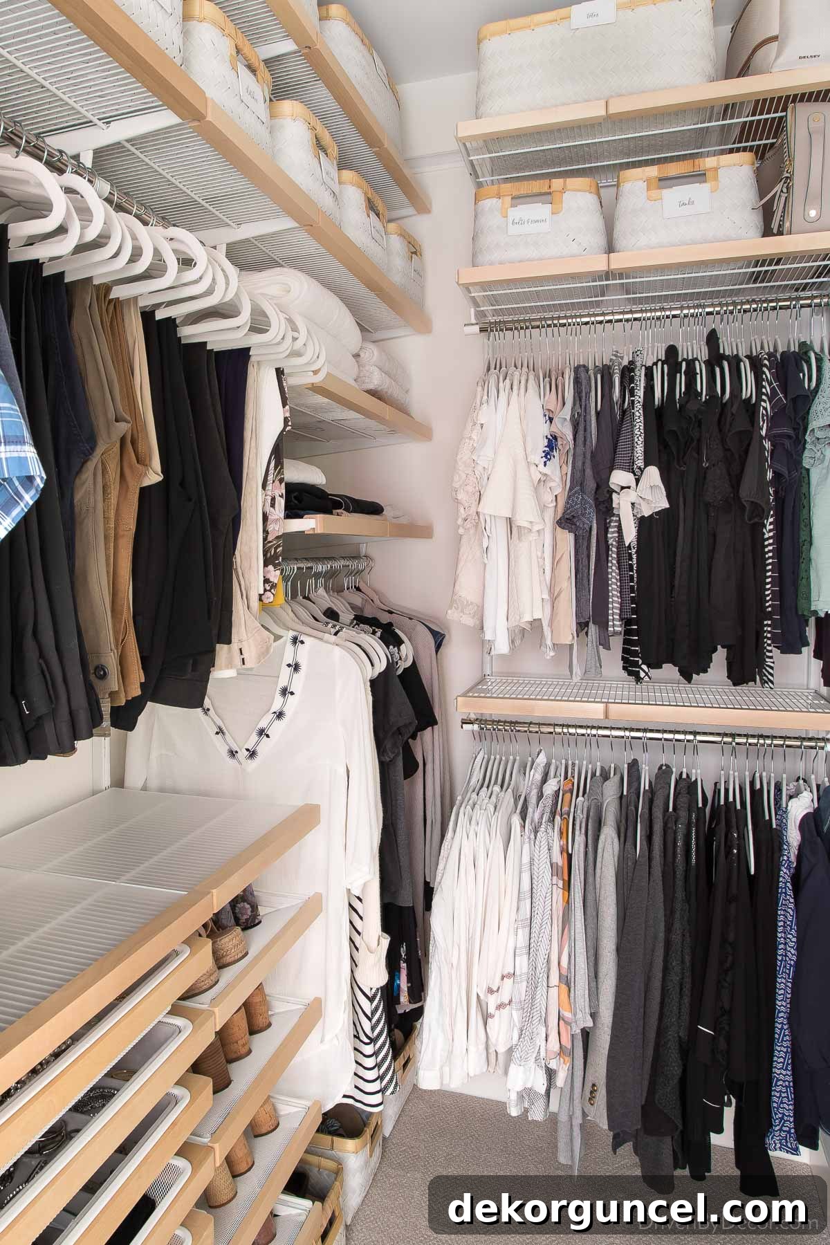 An optimized corner section of our Elfa closet system, demonstrating efficient use of often-wasted space.