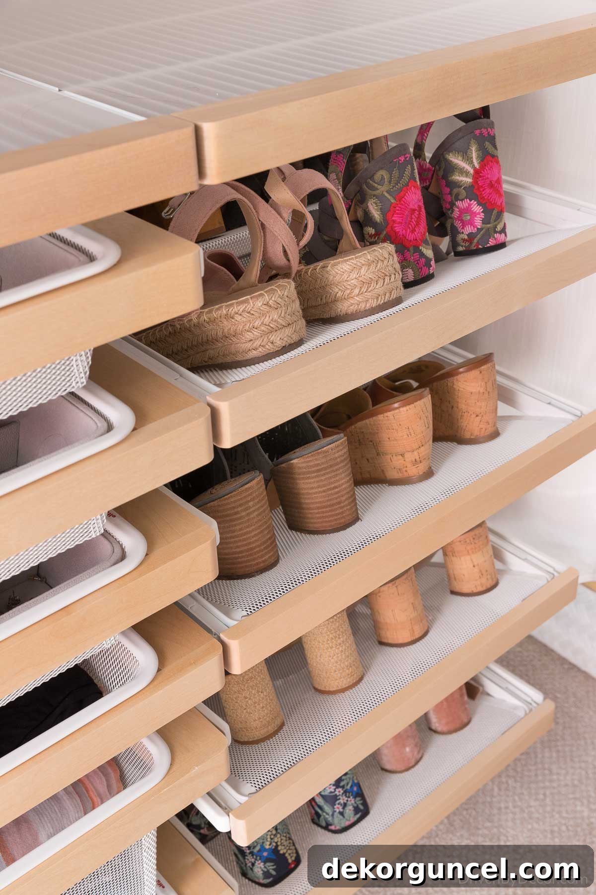 The Elfa closet system's innovative gliding shoe shelves, offering pull-out access to footwear.