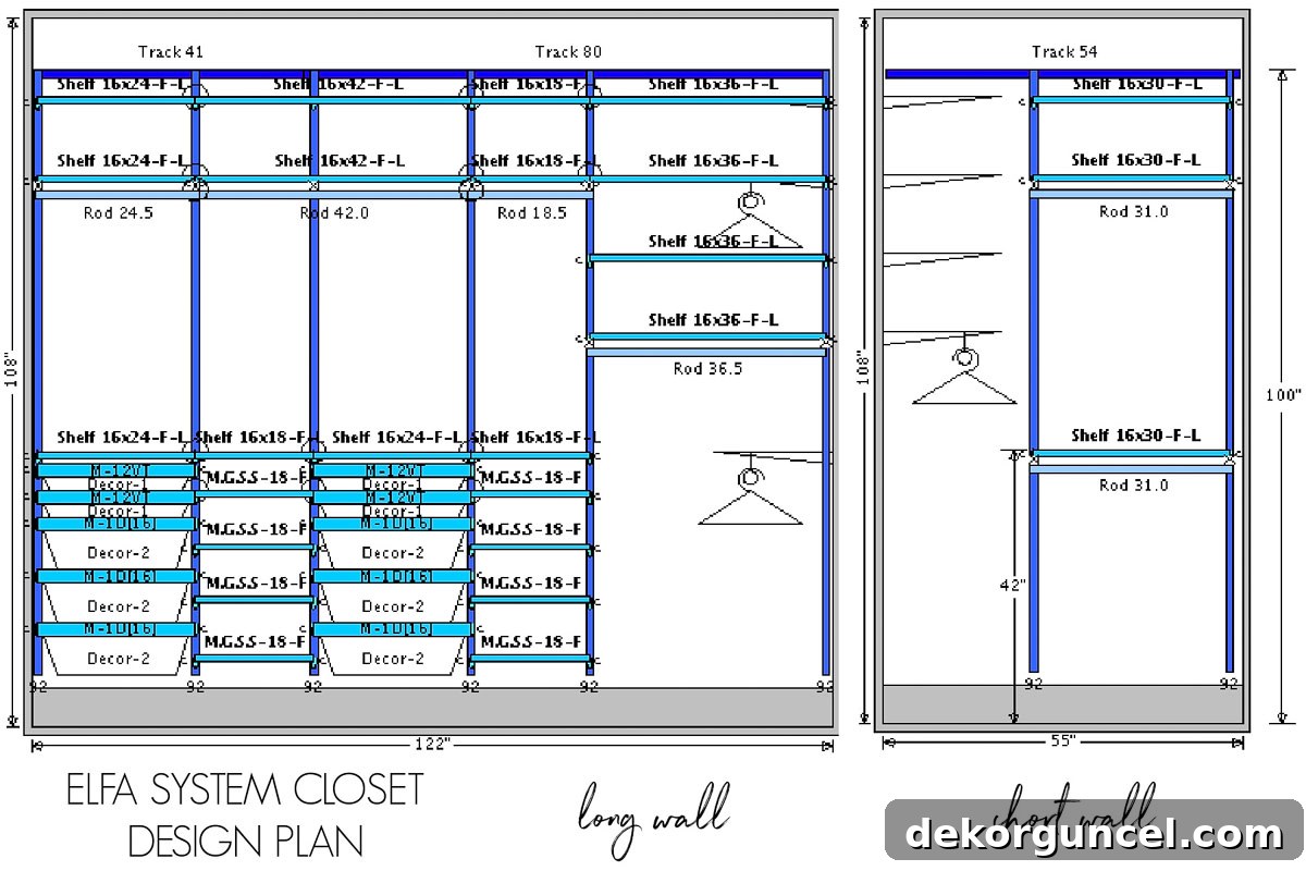 The detailed Elfa closet system design blueprint for our primary closet, showing measurements and component placement.