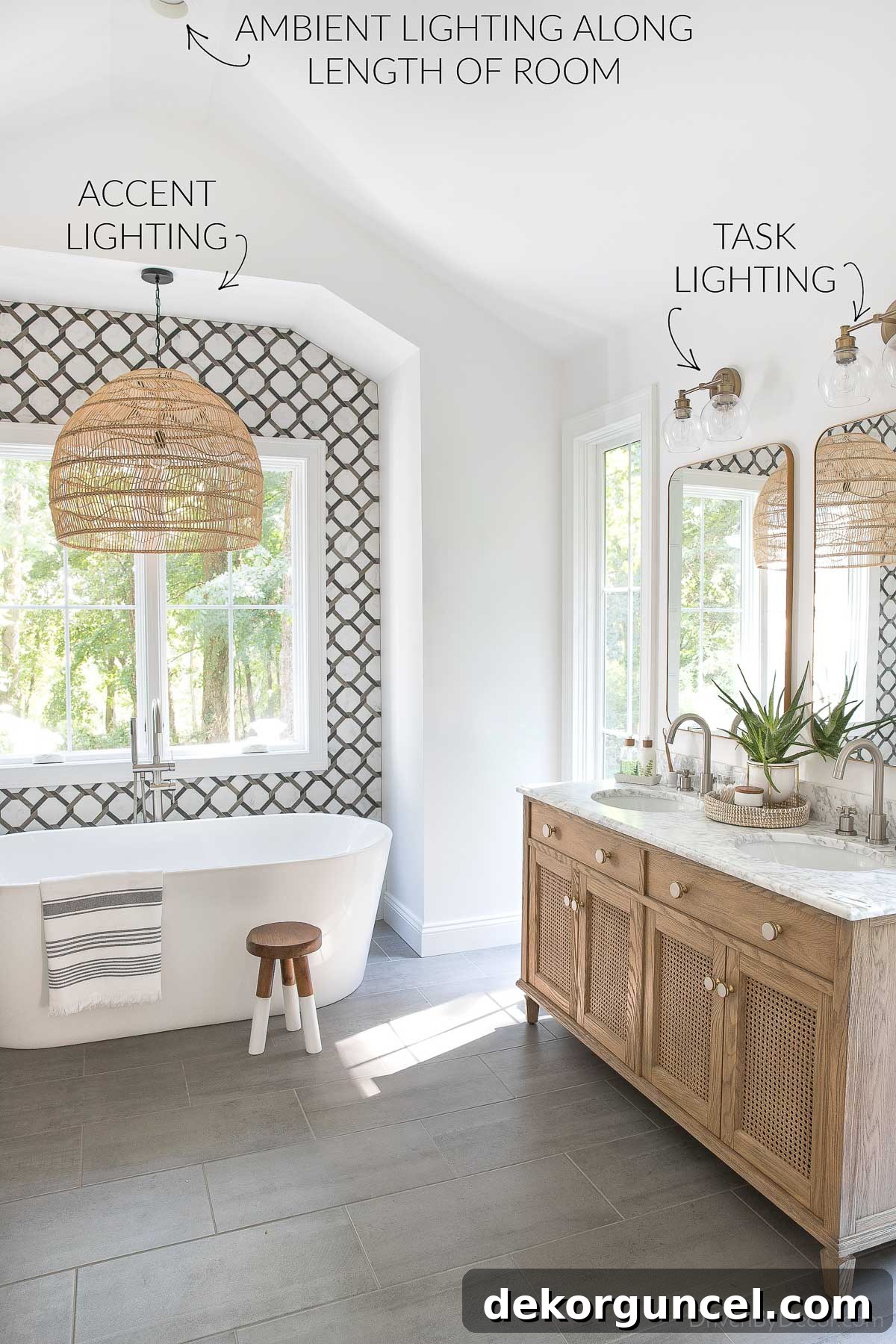 A beautifully illuminated bathroom showcasing layered lighting with ambient recessed lights, task sconces above the vanity, and an accent pendant over the tub.