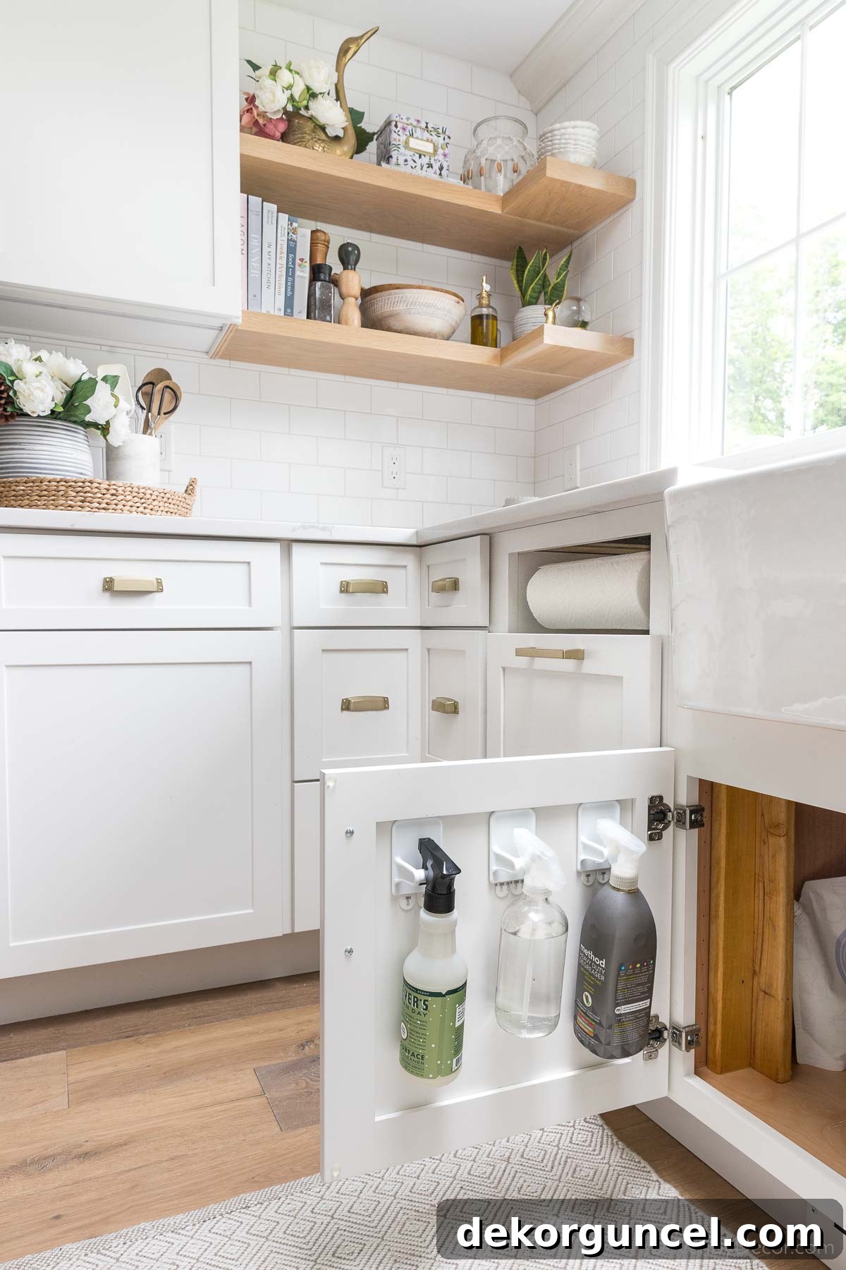 Brilliant Kitchen Cabinet Organization Hacks 18 Organized kitchen with spray bottles on hangers on back of cabinet door