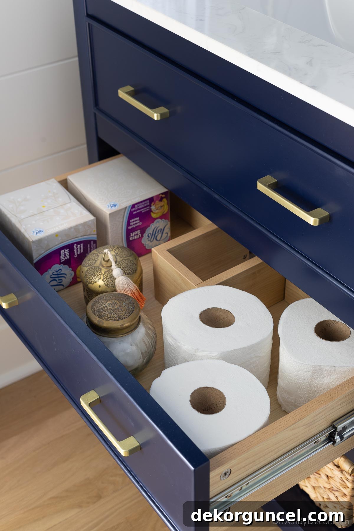 Interior view of the two functional drawers in our hall bathroom vanity, showcasing ample storage space for bathroom essentials