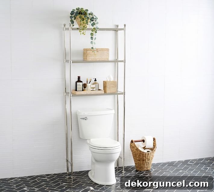 Unlock Vertical Space: Over-The-Toilet Organization 9 Polished nickel over the toilet storage shelves