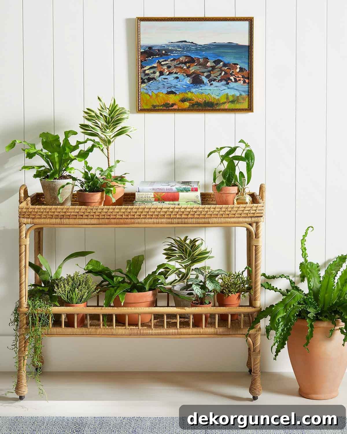 Maximize Your Living Room Corners 10 Brilliant Ideas 21 Rattan bar cart holding plants