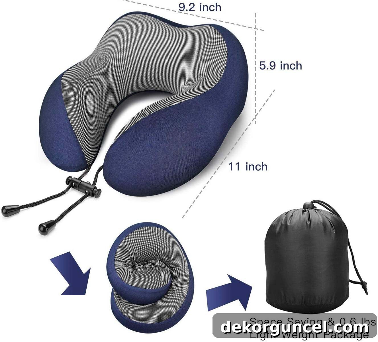 Memory foam travel pillow that compresses to half its size for easy packing, complete with eye mask and ear plugs.
